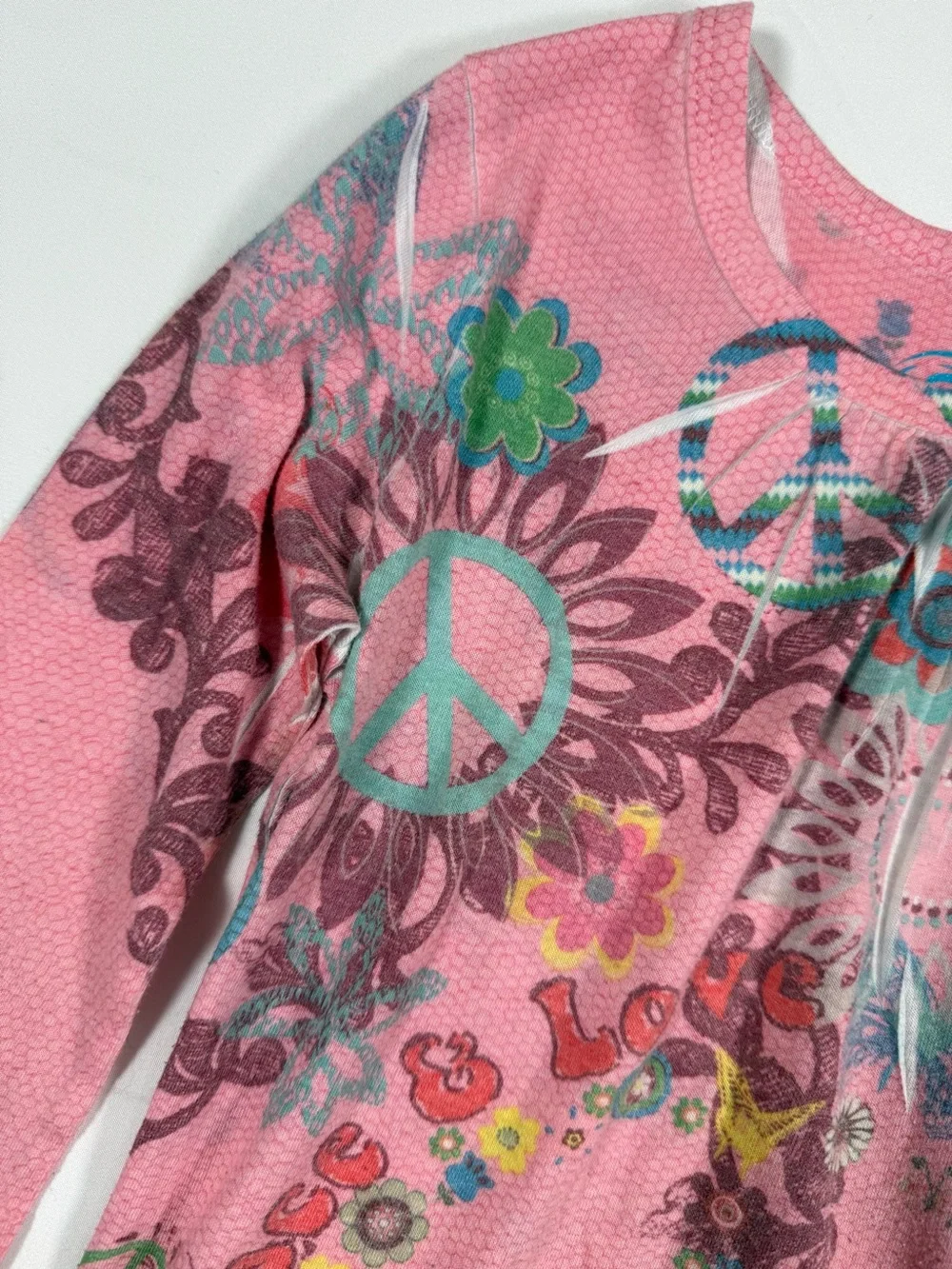 VINTAGE PLACE Girls Peace Love Long Sleeve Tee S 5-6 Boho Hippie Butterfly Y2K